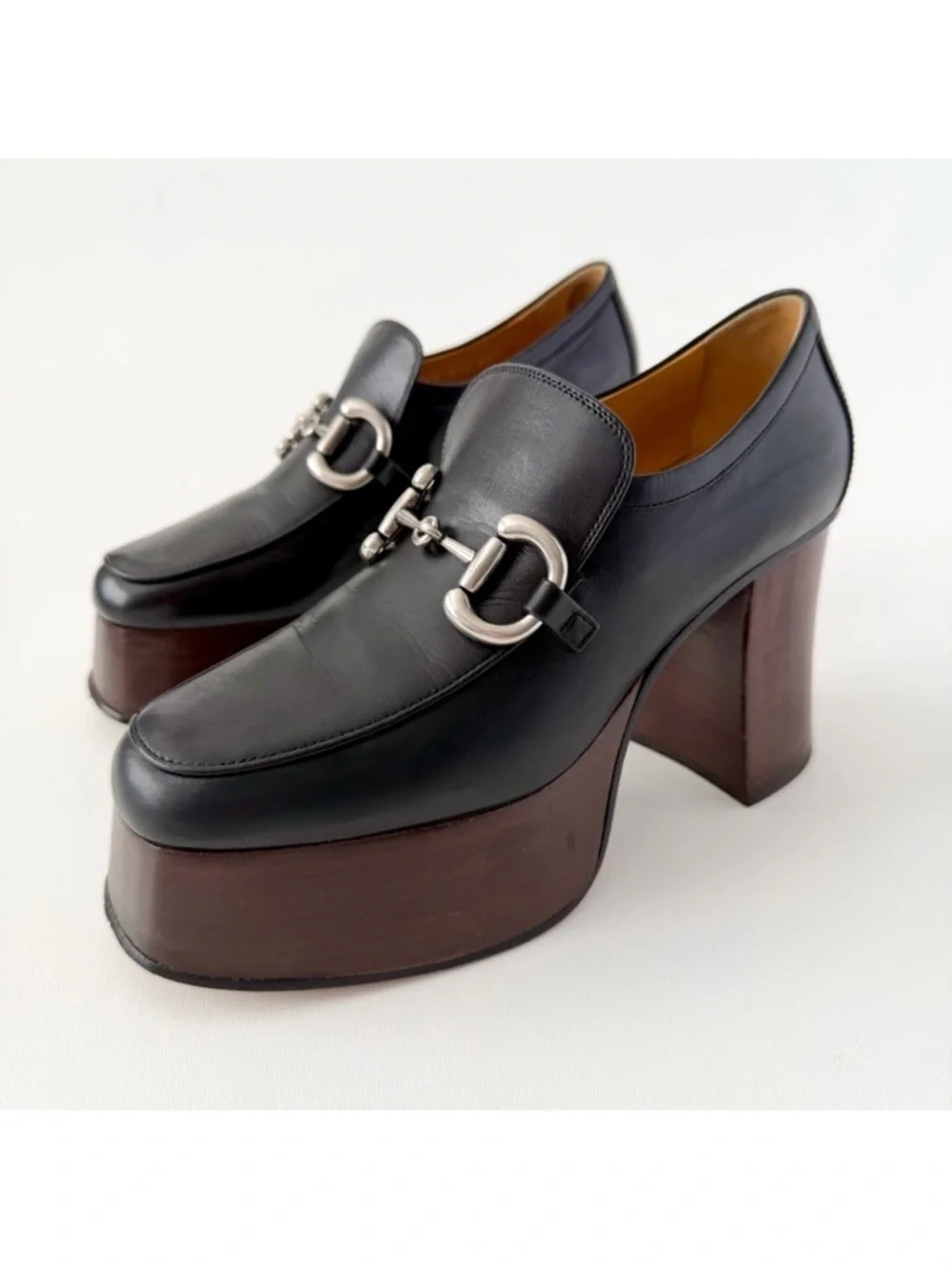 GUCCI | Black Leather Horsebit Platform Loafers Block Heel EU 37.5‎